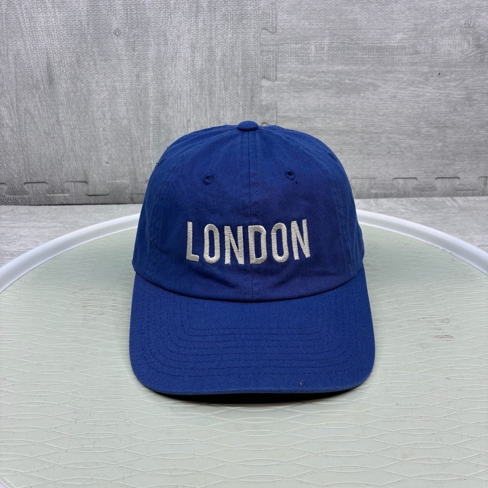 Vintage London England Hat Cap Strap Back Royal Blue Embroidered Logo Canvas